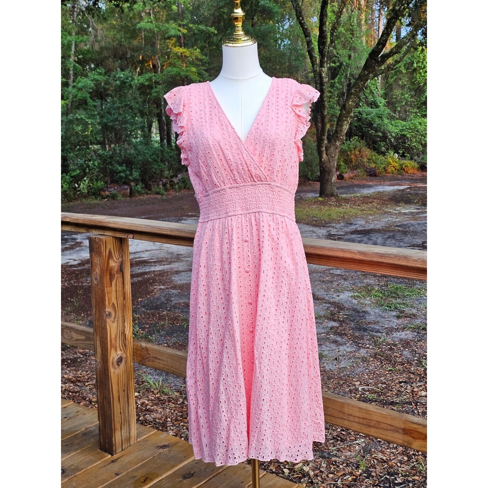 SHEIN Pink Eyelet Embroidered Flutter Sleeve Smocked Midi Dress Womens XL 12